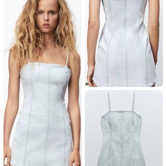 ZARA Denim Mini Dress Light Blue Spaghetti  Straps Side Zipper Size M - Picture 1 of 11
